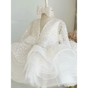 Kleurrijke, met pailletten versierde, glanzende, lange mouwen, haute couture kinderkleding, zomerjurk voor meisjes, bruidsjurk, feestjurk voor verjaardagen - Product Image 2