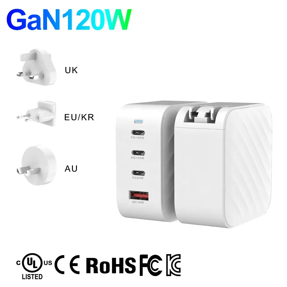 Adaptador de parede 120w 100w pd qc gan, 4 portas usb tipo c, carregador rápido, para viagem, com eua/reino unido/ue/au/kr plug para telefones, tablets e laptop