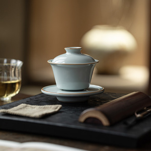 Guanlan Ru Kiln Gaiwan <b>Teacup</b> Sky Blue Porcelain Three Piece Set For Kung Fu Tea - Product Image 4