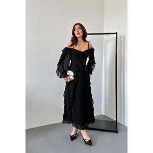 Robe de soirée en mousseline de soie noire à volants en gros - Product Image 4