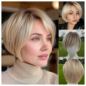 12 inch ngắn bạch kim tóc giả, tóc đen gốc không khí bangs và lời khuyên tóc tự nhiên, sợi tổng hợp tóc giả, thực tế xuất hiện. SM166-1 - Product Image 1