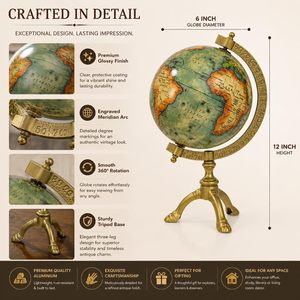 Globe de bureau vintage Leathervines, finition laiton antique, rotatif, décoration de table style ancien monde pour bureau, bibliothèque, salle d'étude - Product Image 2