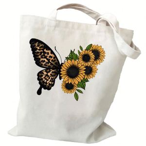 Sacs de courses réutilisables en toile imprimés tournesol et papillon, sacs à main décontractés et tendance, vente en gros - Product Image 1
