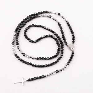 하이 퀄리티 4mm 천연 스톤 타이거 아이 오닉스 페르시 스테인레스 스틸 크로스 펜던트 묵주 목걸이 남성용 JNK9391 - Product Image 6