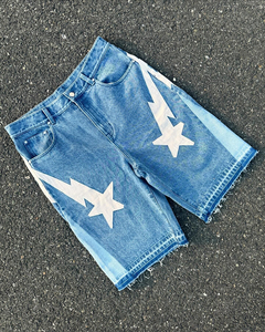 Bordado personalizado Applique Denim Shorts Raw Hem Corte Da Borda Jeans Vintage Shorts Jogger Jeans Shorts para Homens - Product Image 2