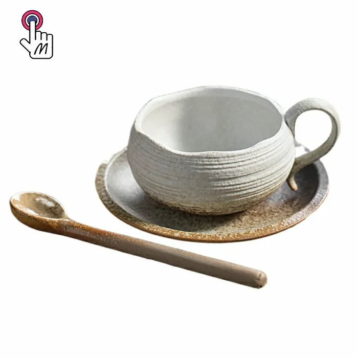 طقم فناجين قهوة وصحون مصنوع من الفخار الخشن بتصميم تراثي ياباني راقي فنجان شاي الظهيرة
