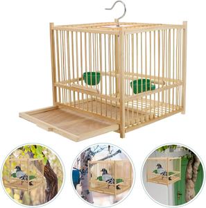 8.07 pouces carré Beige bambou <span class=keywords><strong>cage</strong></span> à oiseaux perle décor solide intérieur bois nichoir pour petits oiseaux y compris mangeoire tasses suspendus - Product Image 2