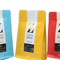 Sachet à fond plat UV mat avec partie brillante et valve à fermeture éclair pour emballage de grains de café Arabica légers, 250 grammes