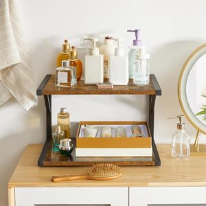 Office <b>Desktop</b> <b>Printer</b> Shelf Two Tier Storage Rack Brown Metal Freestanding Organizer for Desk Neatening - Product Image 4