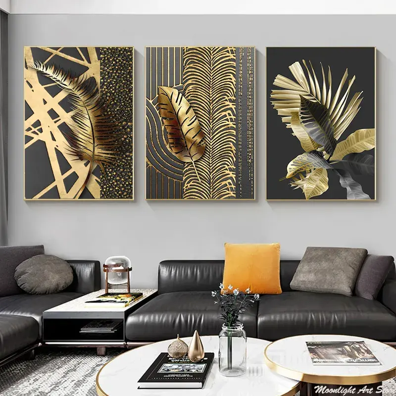Wholesale Abstract Gold Leaf Posters Gold Wall Painting Designs Luxury Posters Canvas Abstract Art Printing for Living Room