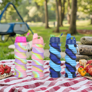 Botella de agua plegable de silicona de 500 ml, apta para alimentos, para deportes al aire libre, portátil, con tapa y pajita. - Product Image 2