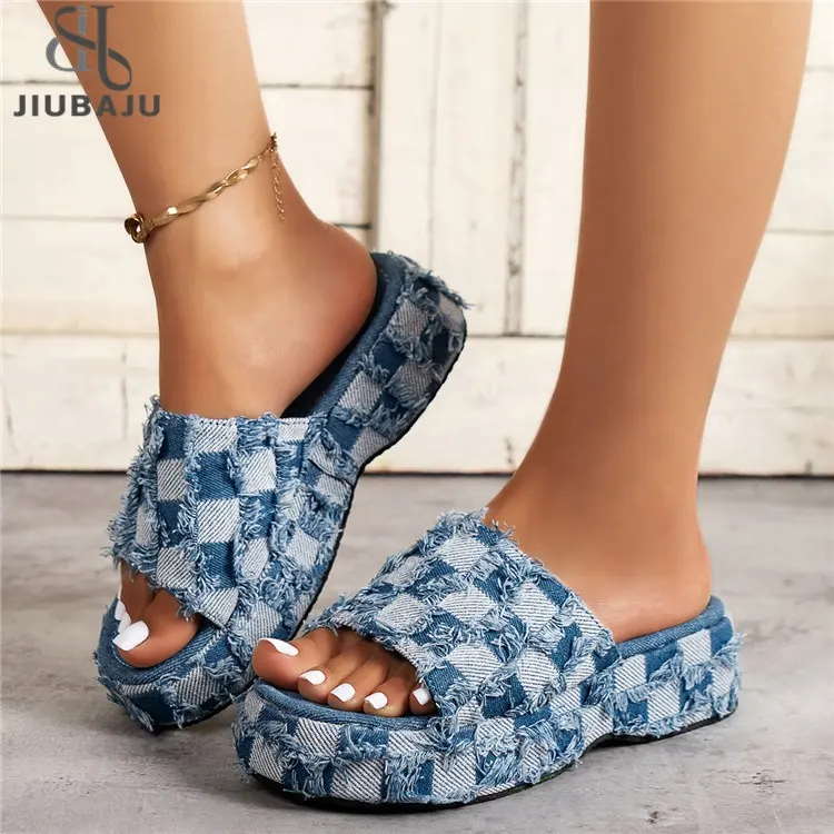 Zomer Nieuwe Denim Sandalen Met Dikke Zolen Casual Sport Stranddamesdia 'S Mode Damesslippers