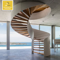 CBMmart, Proveedor de Escaleras de Foshan, Escalera Interior Curva de Acero, Escalera con Peldaños de Madera, Escalera en Espiral con Barandilla de Vidrio para Villas