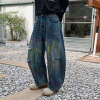 Jean Américain Rétro Personnalisé avec Motifs Graffiti Peints, Tendance, Décontracté, Coupe Droite et Évasée