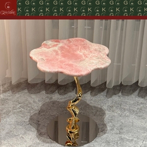 Mesa Auxiliar Floral <span class=keywords><strong>de</strong></span> Mármol Rosa Veteado GOLDKING con Base <span class=keywords><strong>de</strong></span> Espejo <span class=keywords><strong>de</strong></span> Tallo Dorado para Dormitorio <span class=keywords><strong>de</strong></span> Lujo, OEM ODM Directo <span class=keywords><strong>de</strong></span> Fábrica - Product Image 3
