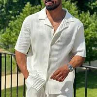 Conjunto de Camisa de Manga Corta para Hombre, Tejido de Punto Acanalado a Rayas, Primavera Verano, Conjunto Casual para Hombre, Color Sólido