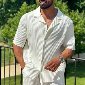 Spring Summer <strong>Mens</strong> Striped Rib Knitted Fabric Short Sleeve Button Down <strong>Men's</strong> <strong>Shirt</strong> <strong>Sets</strong> Solid Color Summer Outfit <strong>Men</strong> Casual <strong>Set</strong> - Product Image 5
