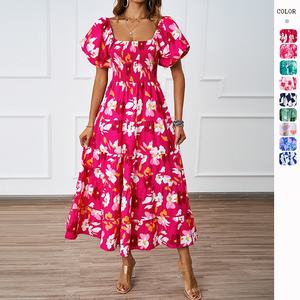 Vestito Casual da <span class=keywords><strong>donna</strong></span> elegante estivo lungo fino al pavimento della nuova stazione indipendente con stampa a sbuffo con maniche a sbuffo <span class=keywords><strong>in</strong></span> Chiffon naturale ODM - Product Image 1