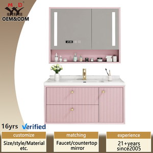 Mueble de Baño Flotante Personalizado con 3 Cajones, Color Macaron, con Espejo LED, Estante Abierto y Lavabo de Cerámica para Hotel - Product Image 1