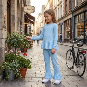 Conjuntos de Ropa de Boutique para Niñas de Alta Calidad RTS, Camisa de Manga Larga con Volantes, Leggings, Pantalones, Conjuntos de 2 Piezas para Hermanas, Algodón Sólido Suave - Product Image 2