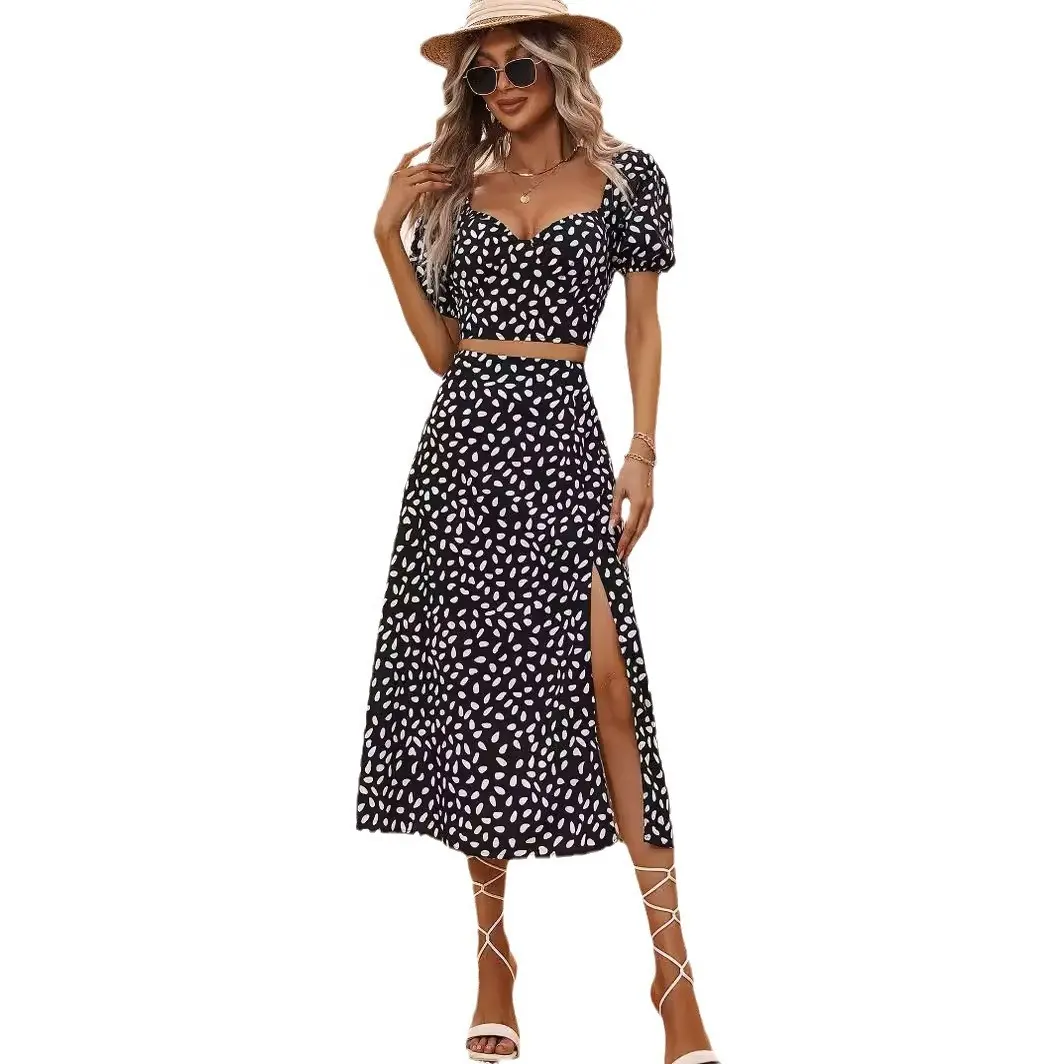 2024 nuevo diseñador moda tendencia verano Mujer vestido casual cuello pico manga corta falda dividida conjunto de vestido de mujer