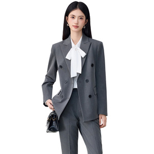 Women's Suit Set Navy Blue Double Breasted Blazer Pants Anti-Wrinkle Office Lady Autumn Formal Wear - Product Image 5