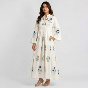 Women Cotton Hand Block Print <b>Kaftan</b> Dress <b>Summer</b> Boho Long Maxi Party Stand Neck Eco-Friendly Vintage Modern Gowns - Product Image 1