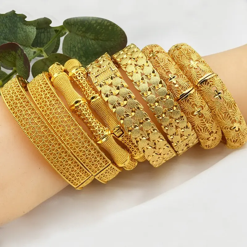 Pulseiras femininas banhadas a ouro 24K, joia indiana Dubai para noivas, pulseiras geométricas ocas, popular por atacado, presente para mulheres