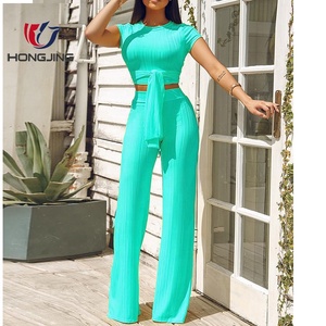 Women Polyester Solid Knot Front Crop Top &amp; Wide Leg Pants Sets Top <strong>Short</strong> <strong>Sleeves</strong> <strong>Shirt</strong> &amp; Long Pant Sets Prom Two Piece Sets - Product Image 1