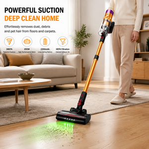 Aspirateur balai sans fil 650W, forte aspiration 38KPa, moteur sans balais, batterie 2200mAh, filtre HEPA, brosse de sol LED verte, OEM/ODM - Product Image 1