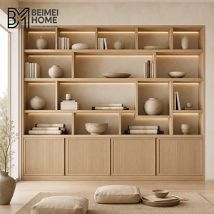 Bibliothèque encastrée sur mesure en chêne <span class=keywords><strong>blanc</strong></span> Japandi, unité de rangement minimaliste à panneaux cannelés pour bibliothèque à domicile - Product Image 1