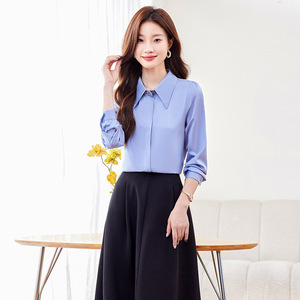 Blue Long Sleeve Chiffon Shirt Women Solid Color Button Front Work Professional Blouse Spring Autumn 2024 Style - Product Image 4