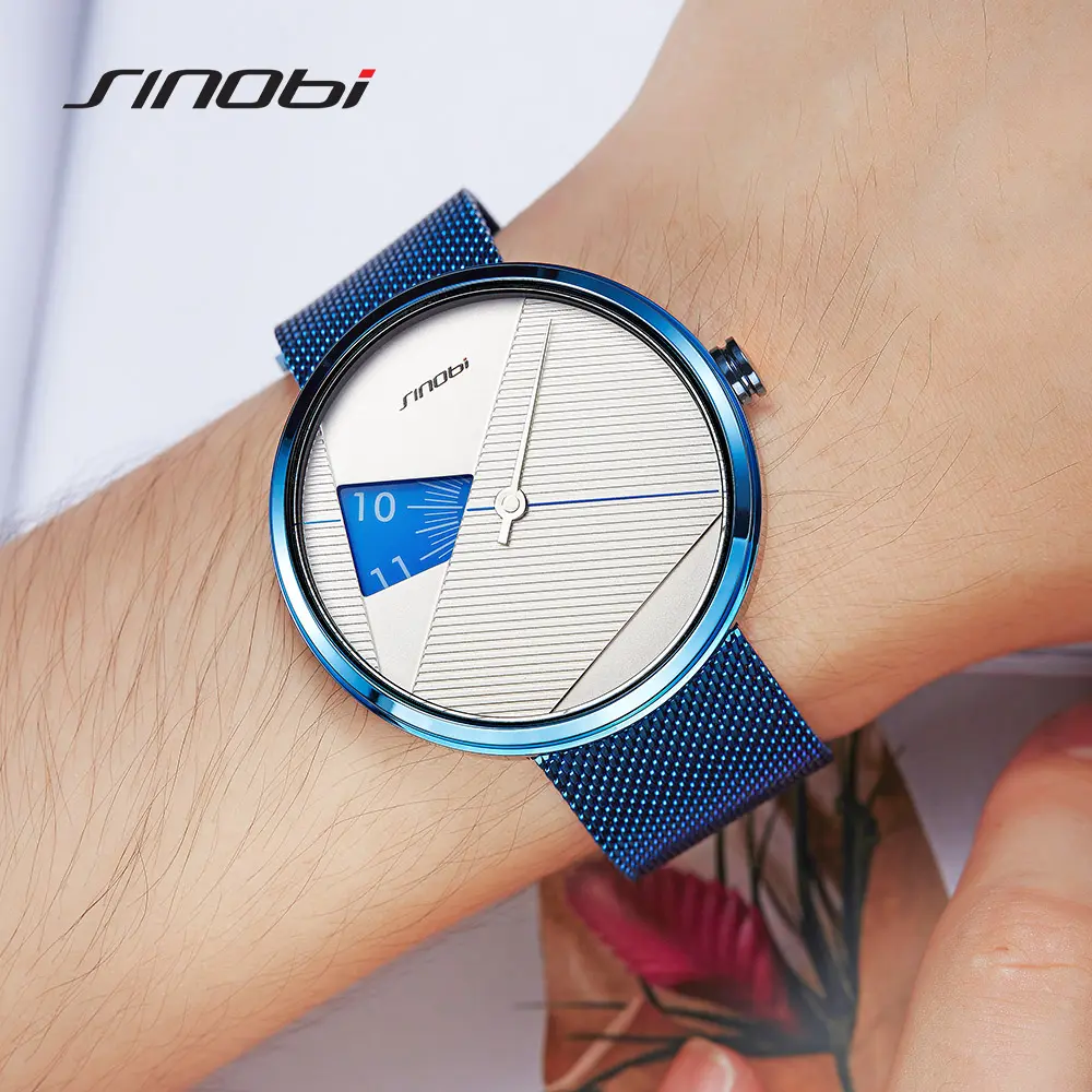 SINOBI Blue Stainless Steel Thin Watches Men Classic Quartz Watches Date Men's Wrist Relogio Relogio Masculino Mens Luxury Watch