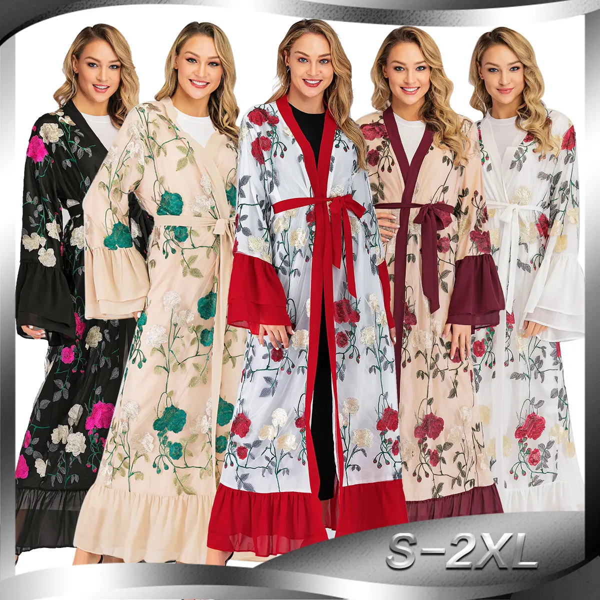 गर्म बेचने नई रंग मेष पुष्प कढ़ाई मैक्सी पोशाक Abaya भड़क आस्तीन कार्डिगन लंबे बागे गाउन Jubah किमोनो