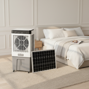 Ventilador de enfriamiento evaporativo con energía solar y batería/USB integrada para interiores, compatible con baterías de plomo-ácido y litio. - Product Image 3