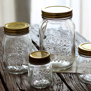 Dập Nổi Vuông 150Ml 300Ml 500Ml 1000Ml Thủy Tinh <span class=keywords><strong>Mason</strong></span> <span class=keywords><strong>Jar</strong></span> 5Oz 10Oz 16Oz 32Oz Cho Dưa Chua Mứt Đồ Hộp Thực Phẩm Lưu Trữ Với Nắp Kim Loại - Product Image 1