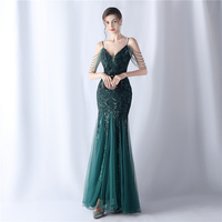 Robe de soirée haut de gamme en maille pailletée de haute qualité pour femmes, élégante, col en V, robe de bal en queue de poisson avec pompon, banquet exquis.