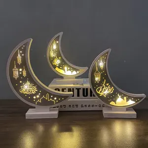 Dekorasi Lebaran Islam, baru hadiah kerajinan kayu dekorasi Ramadan ornamen Led lampu meja bulan hadiah lampu Ramadan