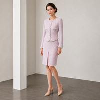 Ensemble veste en tweed et jupe crayon rose bouclé, tenue deux pièces pour femme, blazer sans col avec boutons argentés