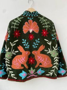 Hand Embroidered Quilted Velvet Cotton <b>Jacket</b> Women's <b>Mandarin</b> <b>Collar</b> Full Sleeve Floral Rabbit Pattern Spring Autumn Coat - Product Image 6