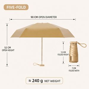 Parapluie de poche pliable 5 sections 15 cm Or Champagne Protection UV Pluie Soleil Personnalisable Logo Publicitaire Cadeaux pour Femmes Hommes - Product Image 2