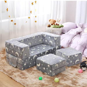 Modular Building Block <b>Sofa</b> Set For <b>Kids</b> With Glow In Dark Plush Fabric Grey 3 In 1 Design For Sitting And Reclining - Product Image 2
