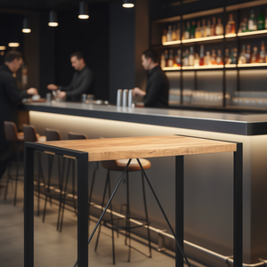 Solid Mango Wood <b>Bar</b> <b>Table</b> With Steel Trestle Base Modern Industrial Design For Home <b>Bar</b> Commercial Use - Product Image 2