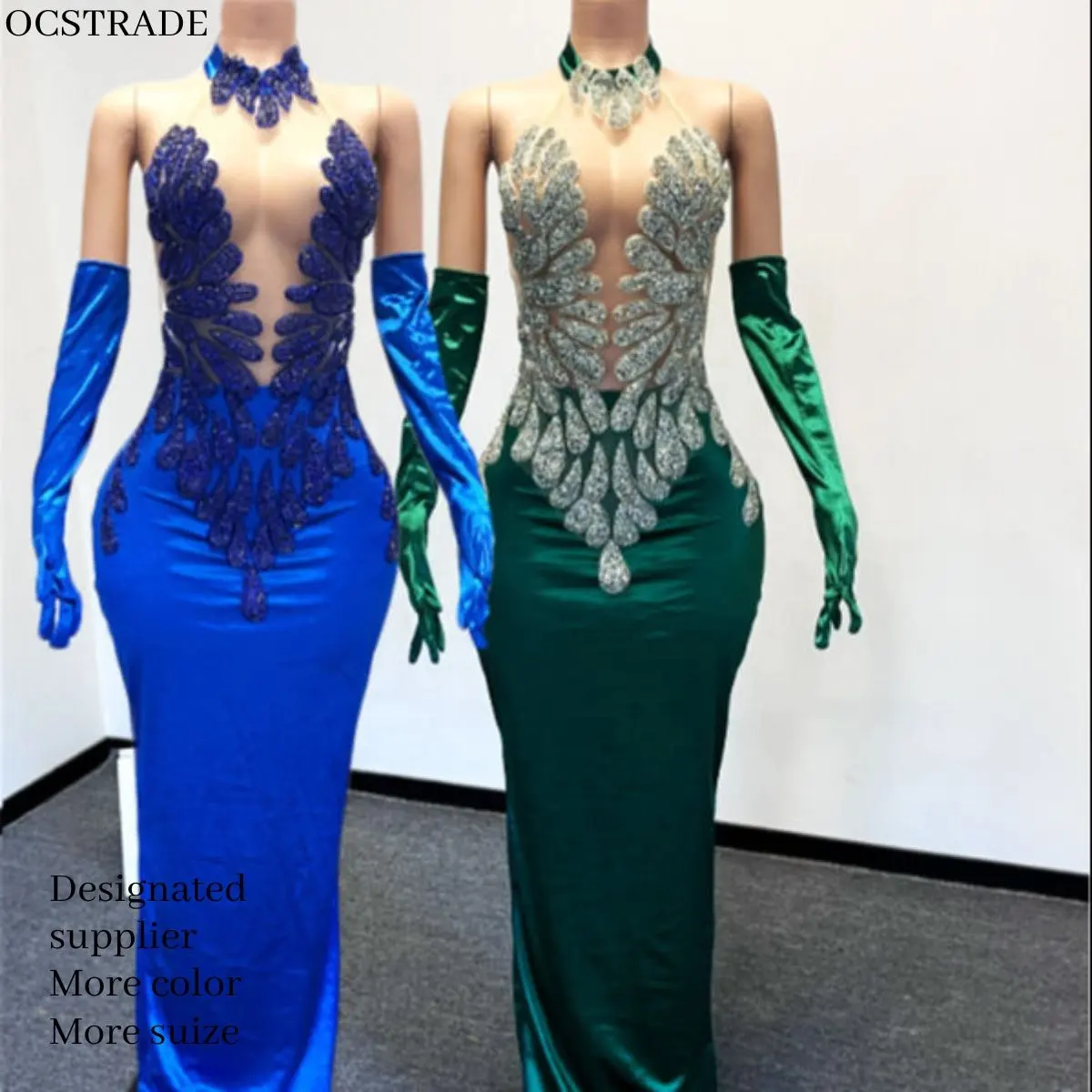 Ocstrade Evening Gowns For Women Dress Long Royal Blue Sexy Rhinestone Bodice Applique Dresses Luxury Green Prom Dresses