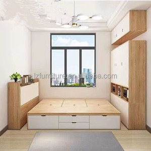 Cheap Studio Apartment Bedroom Furniture Complete Tatami Wooden <b>Storage</b> Bed Wardrobe & Wall Cabinet Set for Compact Living Space - Product Image 1