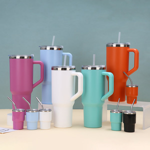 Nouvel ensemble de 5 gobelets isothermes 40 oz, couleur unie, intérieur acier, extérieur plastique, portable, avec poignée et paille - Product Image 1