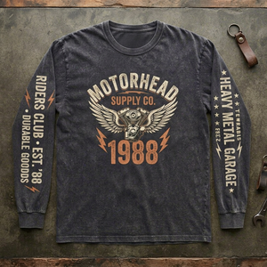 T-shirt unisexe à manches longues Motorhead Supply Co. 1988 avec motif moteur ailé et texte sur les manches OEM/ODM - Product Image 1