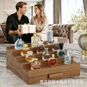 Estante de Almacenamiento de Madera de 3 Niveles, Organizador de Cosméticos de Madera Maciza con Cajón Oculto, Expositor de Escritorio para Perfumes, Maquillaje y Joyería - Product Image 2
