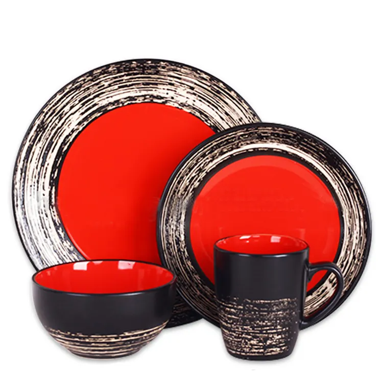 Vaisselle en céramique rouge royal de couleur rouge/ensemble de vaisselle en porcelaine gaufrée avec plats de dîner de luxe