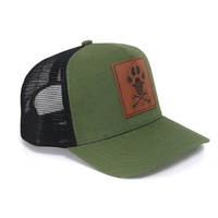Venta al por mayor personalizado parche de cuero al aire libre hombres deportes verde táctico pesca caza senderismo 5 paneles béisbol camión camionero gorras